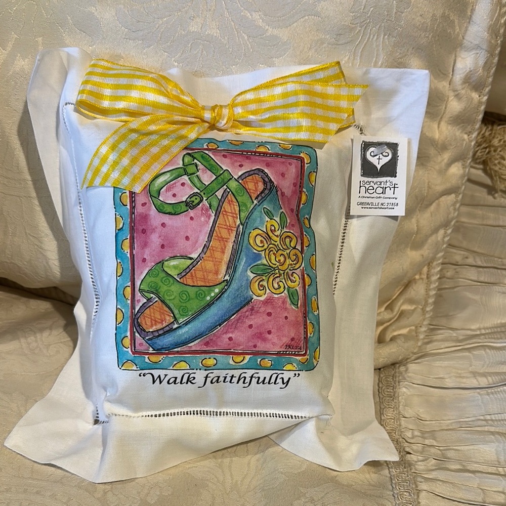 Servant's Heart Decorative Pillow with Colorful Shoe Artwork  “Walk Faithfully”